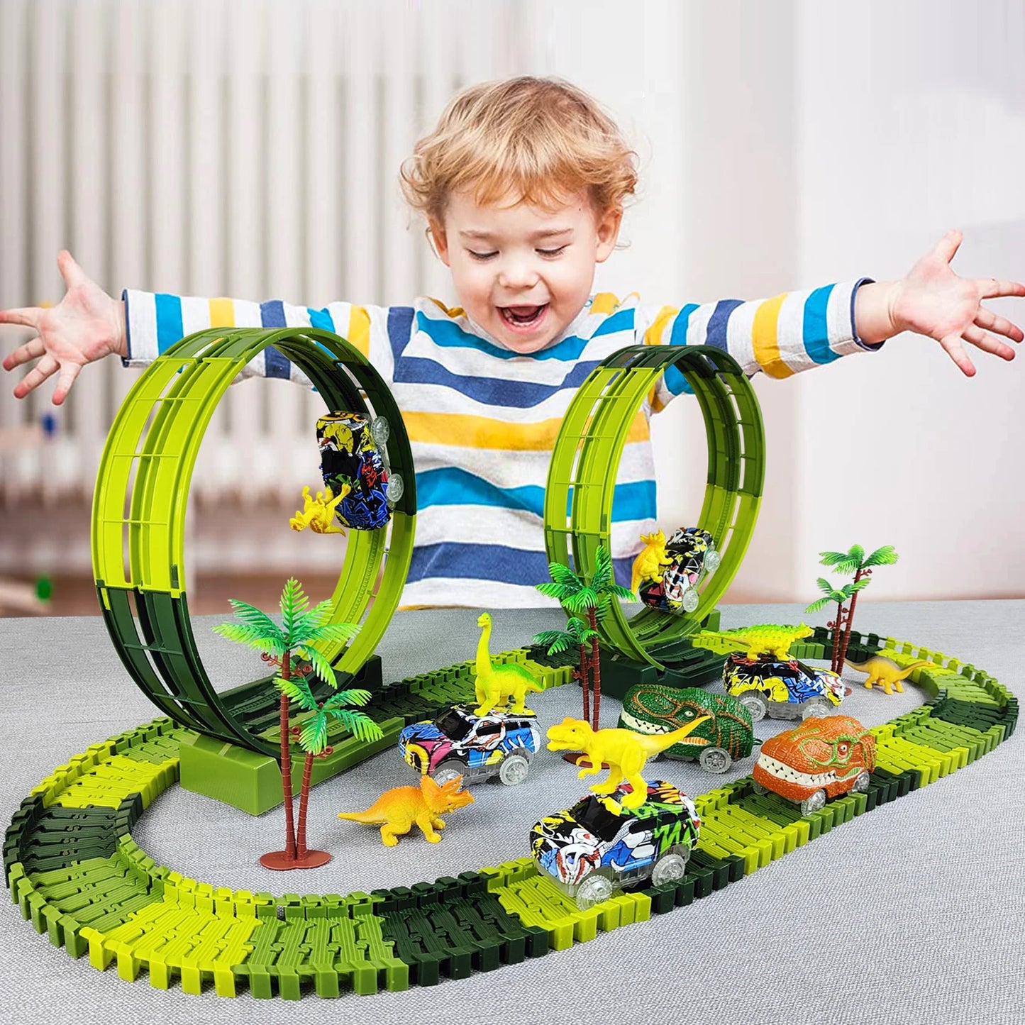 Flexible Race Track With Dinosaur Car Set