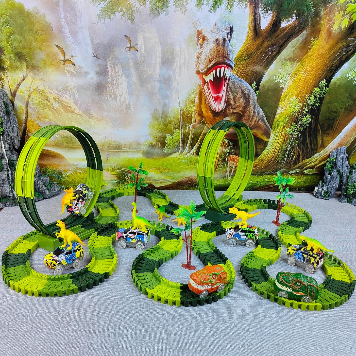 Flexible Race Track With Dinosaur Car Set