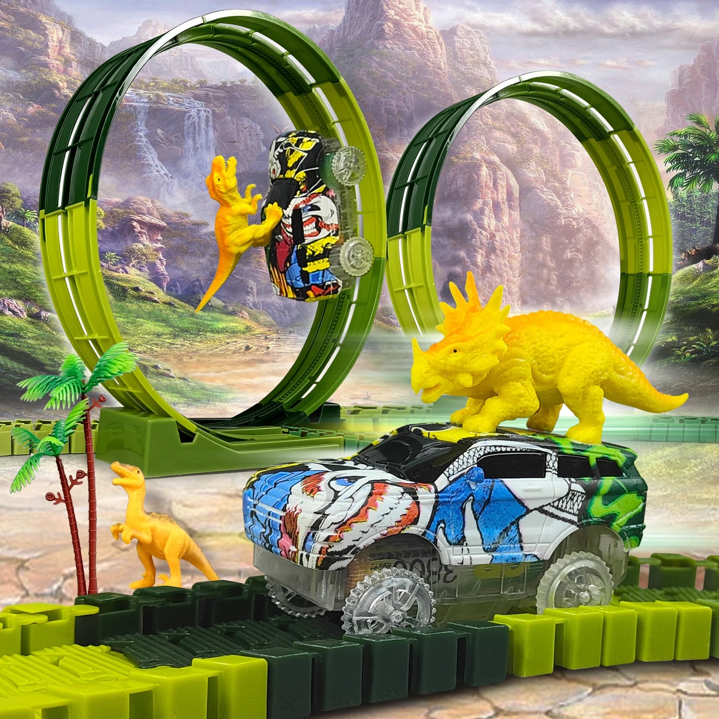 Flexible Race Track With Dinosaur Car Set