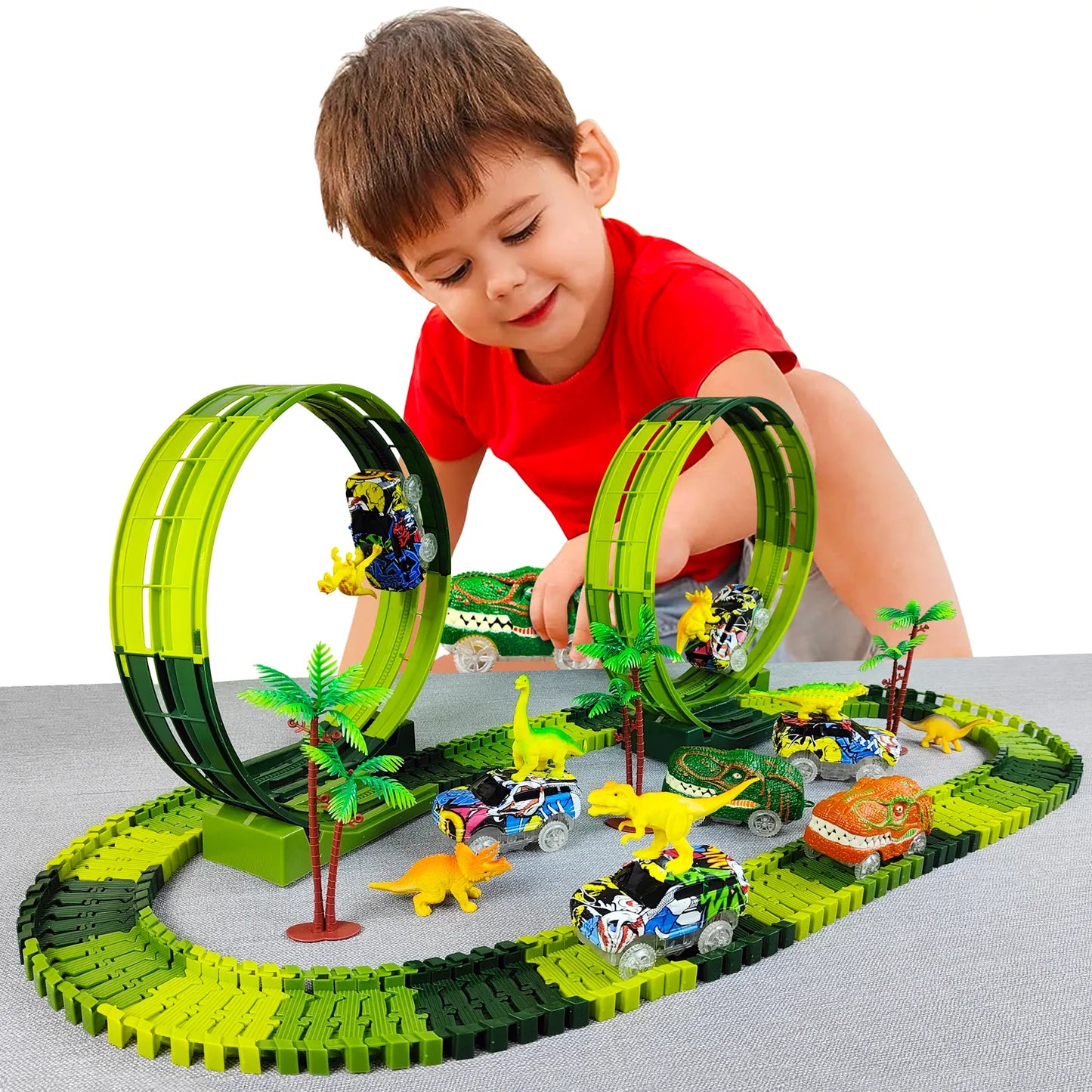 Flexible Race Track With Dinosaur Car Set